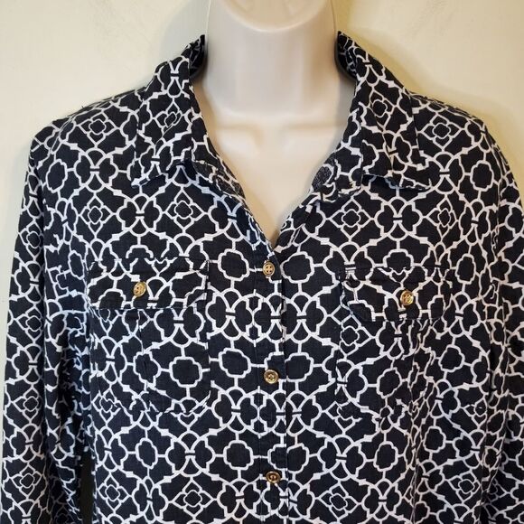 100% Linen Black & White Button Down Shirt w Roll Sleeves - Picture 2 of 13